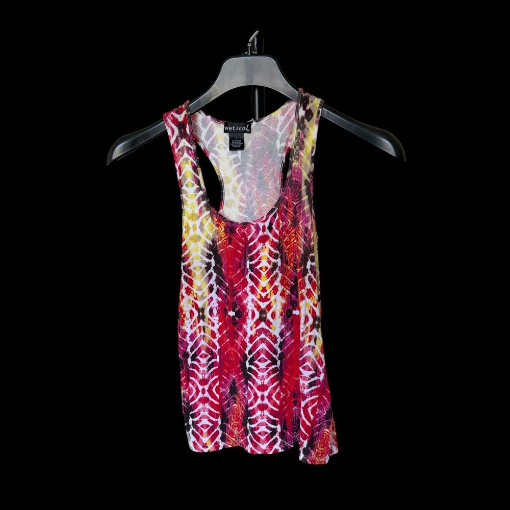 Y2K Wet Seal Womens Red Yellow Geometric Tie Dye Racerback Tank Top Sz L